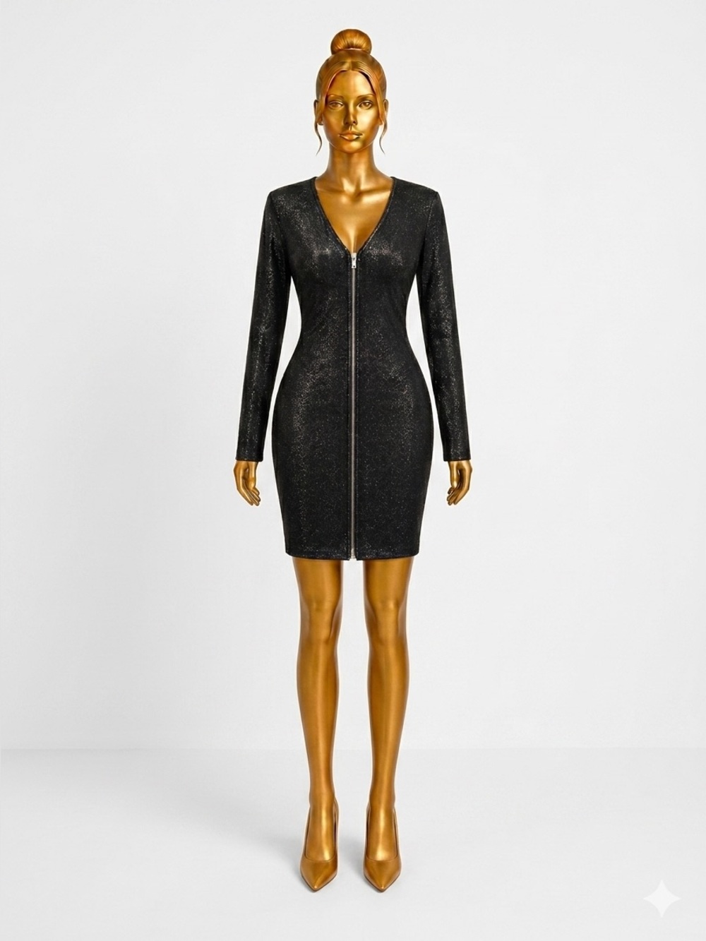 bebe Black Shimmer Long Sleeve Dress